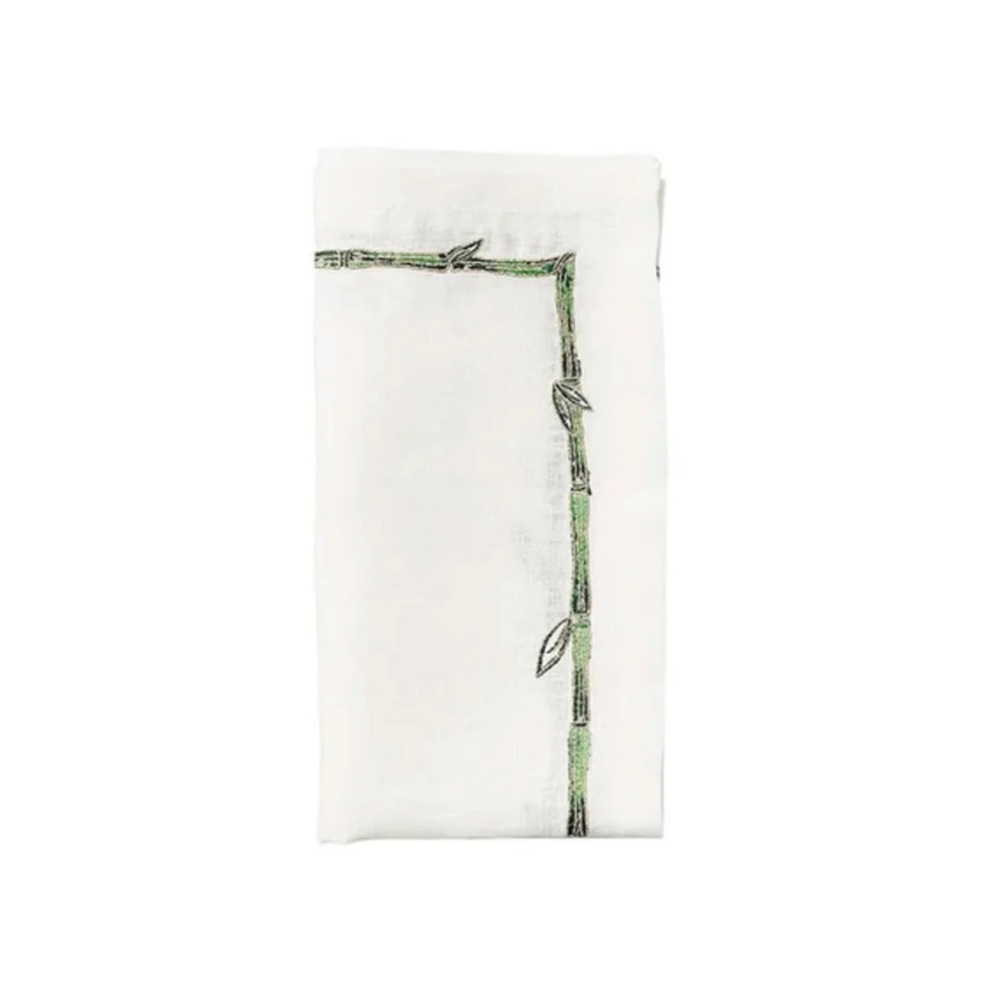NWT KIM SEYBERT BAMBOO NAPKINS SET OF 2 WHITE LINEN Green with gold thread